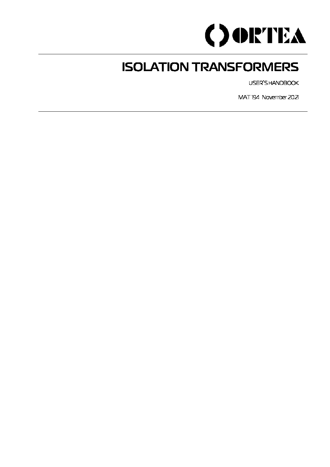 User handbook ISOLATION TRANSFORMERS