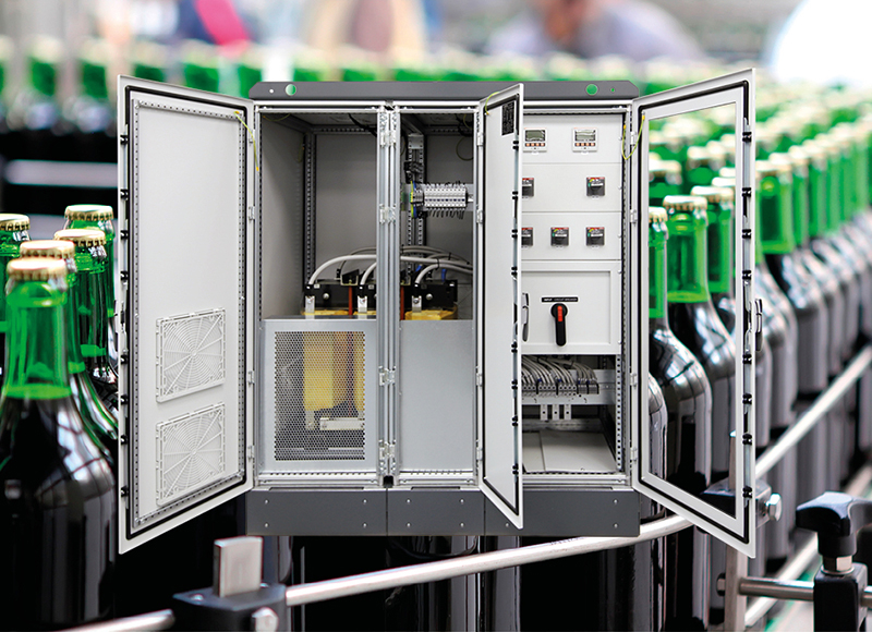 Transformer with distribution board for bottling line